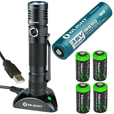 Olight S30R II Baton rechargeable XM-L2 U3 1020 Lumen LED Flashlight with type 18650 3200mAh Li-ion battery, charging base with four EdisonBright CR123A Lithium back-up batteries bundle