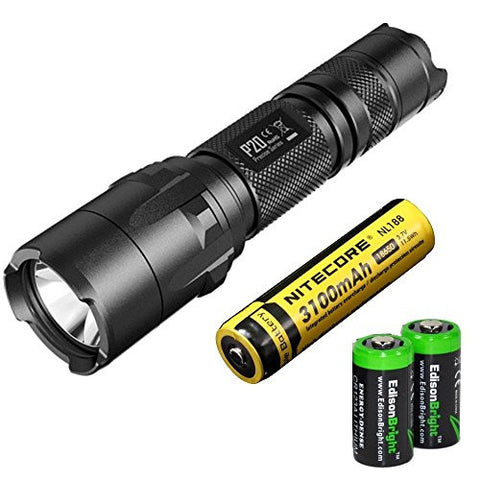 NITECORE P20 800 Lumen high intensity CREE XM-L2 LED specialized tactical duty Strobe Ready flashlight with Nitecore NL188 3100mAh rechargeable 18650 Battery and 2 X EdisonBright CR123A Lithium Batteries bundle