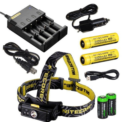 Nitecore HC90 900 Lumen CREE XM-L2 T6 LED USB rechargeable headlamp 2 X Genuine Nitecore NL189 18650 3400mAh Li-ion rechargeable batteries, Nitecore i4 intelligent Charger, in-Car Charging Cable and Two EdisonBright CR123A Lithium Batteries