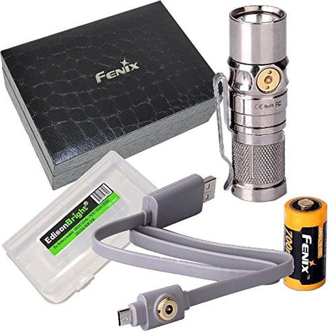 Titanium body Fenix RC09Ti 550 Lumen USB rechargeable CREE LED Flashlight (Limited Edition) EDC with 16340 Li-ion battery , and EdisonBright BBX3 battery carry case bundle