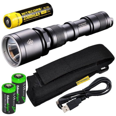 Nitecore MH25 CREE XM-L U2 LED 960 Lumen USB Rechargeable Flashlight, 18650 rechargeable Li-ion battery, USB charging cable and Holster with 2 X EdisonBright CR123A lithium Batteries