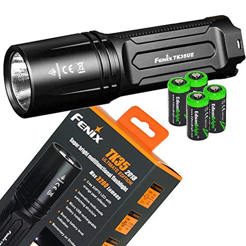 FENIX TK35 Ultimate Edition 2018 version (TK35UE) 3200 Lumen CREE XHP 70 LED Tactical Flashlight with 4 X EdisonBright CR123A Lithium batteries, Holster & Lanyard bundle