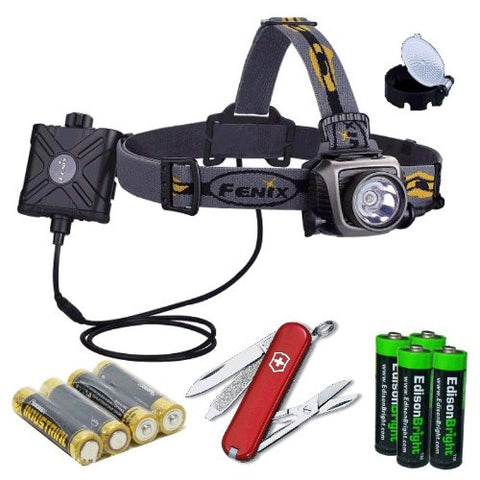 Fenix HP15 500 Lumen long throw LED Headlamp (Grey) with diffuser, Victorinox Swiss Army Classic SD Knife/multi-Tool, four AA batteries and four EdisonBright AA Alkaline batteries bundle