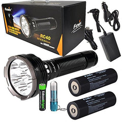 FENIX RC40 2016 Rechargeable 6000 Lumen Cree XM-L2 U2 LED Flashlight/ Searchlight, Car / Home charger, Genuine Fenix ARB-L3 7800mAh Spare battery with Fenix CL05 Lip light and EdisonBright AAA battery