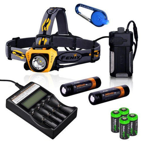 Fenix HP30 900 Lumen CREE XM-L2 LED Headlamp with Fenix ARE-C2 battery charger, 2 X Fenix 18650 ARB-L2S 3400mAh rechargeable batteries, Smith & Wesson LED CaraBeamer Clip Light and Four EdisonBright CR123A Lithium batteries