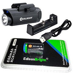 Olight PL1 400 lumen LED handgun light with EdisonBright EBR65 RCR123A lithium-ion battery and charger bundle