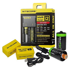 Nitecore i2 universal home/in-car smart battery charger, Two Nitecore IMR 18350 NI18350A 700mAH rechargeable batteries with 2 X EdisonBright AA to D type battery spacer/converters