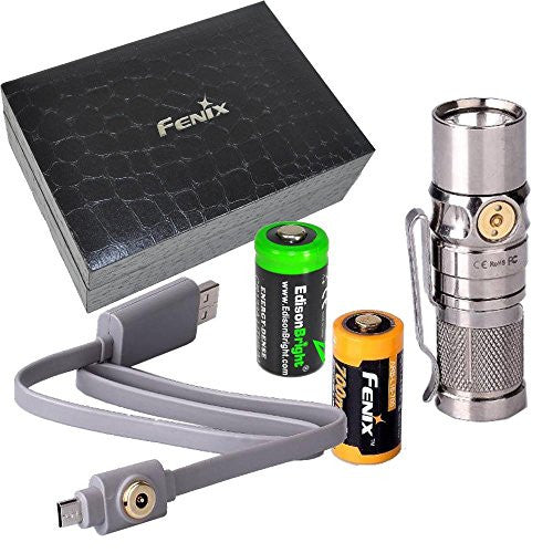 Fenix RC09Ti USB rechargeable 550 Lumen CREE XP-L HI LED Titanium body Flashlight (Limited Edition) EDC with 16340 Li-ion battery , and EdisonBright CR123A Lithium back-up Battery bundle