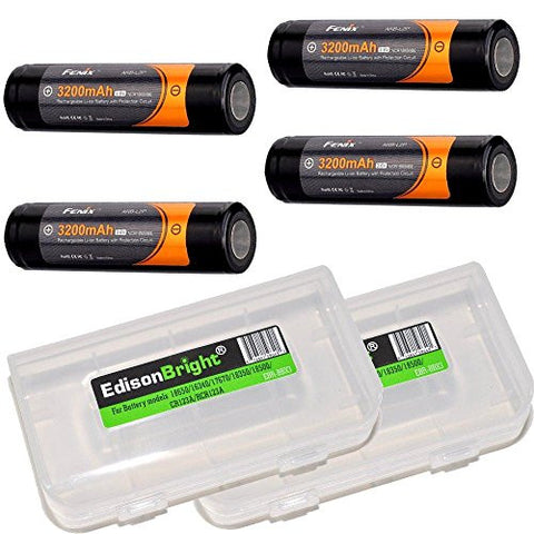 4 Pack Fenix ARB-L2P 3200mAh Protected 18650 Rechargeable Li-ion Batteries with 2 X EdisonBright battery carry boxes.- Designed for TK75 TK51 TK22 TK35 PD35 PD32 TK15 TK11 BT20 ARE-C1 ARE-C2 and other High Drain Devices