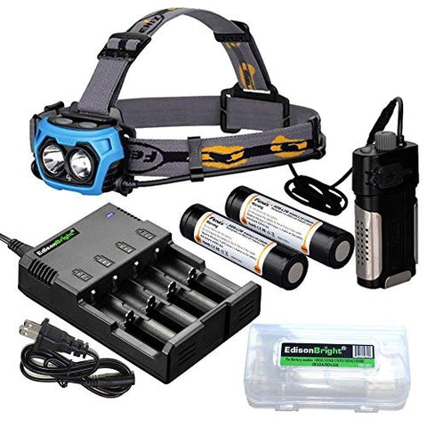 Fenix HP40F 450 Lumen white/blue LED combination specialized fishing Headlamp with 4 bay smart battery charger, 2 X Fenix 18650 ARB-L2M rechargeable batteries and EdisonBright battery carry box bundle