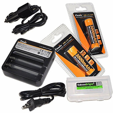 Fenix ARE-C1 two bays Li-ion 18650 home/in-car battery charger, 2 X Fenix ARB-L-18 3500mAh Protected 18650 Rechargeable Li-ion Batteries with EdisonBright BBX3 battery carry case