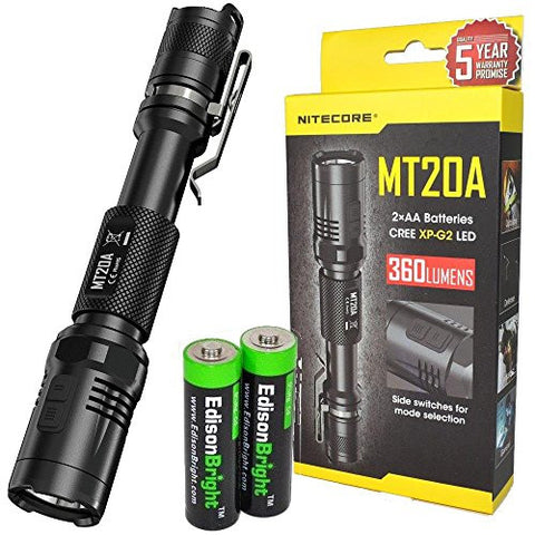 Nitecore MT20A 360 lumen LED tactical Flashlight with holster, lanyard, clip and Two EdisonBright AA Alkaline batteries