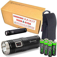 Sunwayman D40A 1020 Lumen Cree XM-L2 U2 LED Limited Edition AA Flashlight, 90 Lumen R15A AA flashlight set and holster with 6 X EdisonBright AA Alkaline batteries bundle