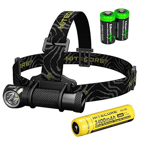 Nitecore HC30 1000 Lumens CREE XM-L2 U2 LED headlamp with Genuine Nitecore NL189 18650 3400mAh Li-ion rechargeable battery and Two EdisonBright CR123A Lithium Batteries