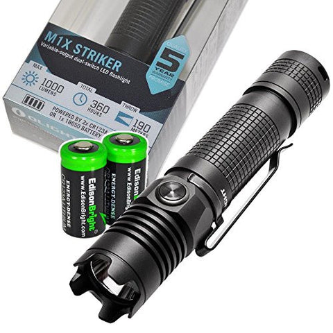 Olight M1X Striker 1000 Lumen Cree XM-L2 tactical LED Flashlight with two EdisonBright CR123A Lithium Batteries bundle