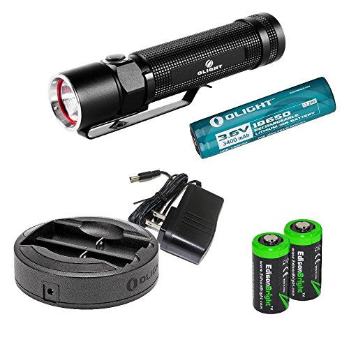 Olight S20 L2 Baton XM-L2 550 Lumens LED Flashlight, Olight Omni-DOK Universal Battery Charger, Olight 18650 3400mAh Li-ion rechargeable battery with two EdisonBright CR123A Lithium Batteries