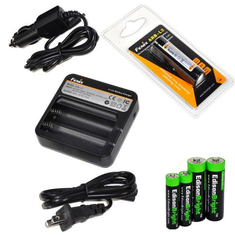 Fenix ARE-C1 two bays Li-ion 18650 home/in-car battery charger, Fenix 18650 ARB-L2 2600mAh rechargeable battery (For PD35 PD32 TK22 TK75 TK11 TK15 TK35) with EdisonBright Batteries sampler pack