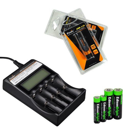Fenix ARE-C2 four bays Li-ion/ Ni-MH advanced universal smart battery charger, Two Fenix 18650 ARB-L2S 3400mAh rechargeable batteries (For PD35 PD32 TK22 TK75 TK11 TK15 TK35 TK51) with EdisonBright Batteries sampler pack
