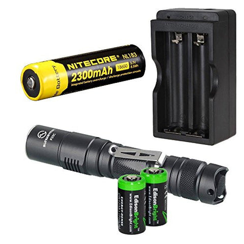 Sunwayman P25C 1000 Lumen CREE XM-L2 U2 LED long throw tactical flashlight with Nitecore NL183 rechargeable 18650 li-ion Battery, charger and 2 X EdisonBright CR123A Lithium Batteries Bundle