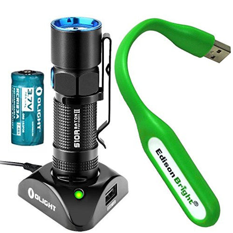 Olight S10R II Baton USB rechargeable 500 Lumens CREE XP-L HD LED Flashlight EDC with RCR123 Li-ion battery , Charging Base with EdisonBright USB powered reading light bundle