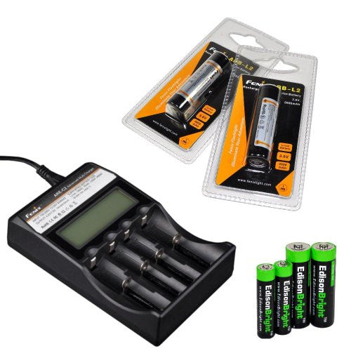 Fenix ARE-C2 four bays Li-ion/ Ni-MH advanced universal smart battery charger, Two Fenix 18650 ARB-L2 2600mAh rechargeable batteries (For PD35 PD32 TK22 TK75 TK11 TK15 TK35 TK51) with EdisonBright Batteries sampler pack