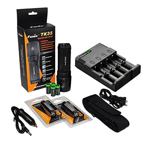 FENIX TK35 U2 860 Lumen Tactical LED Flashlight with 2 x Fenix ARB-L2 2600mAh 18650 Li-ion rechargeable batteries, 4 X EdisonBright CR123A Lithium batteries, 4 bay smart battery charger, in-car Charger adapter, Holster & Lanyard complete bundle