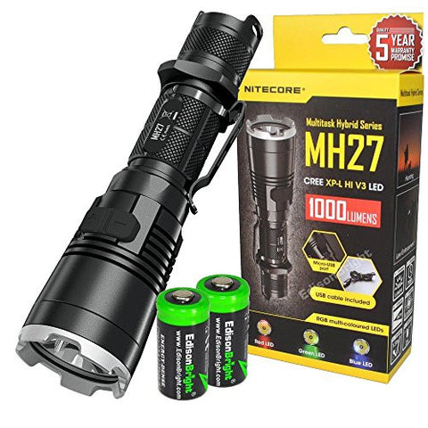 Nitecore MH27 1000 Lumens CREE LED Built in Red, Green, Blue Lights, Strobe, Police warning strobe, rechargeable Flashlight/searchlight with 2 X EdisonBright CR123A Batteries