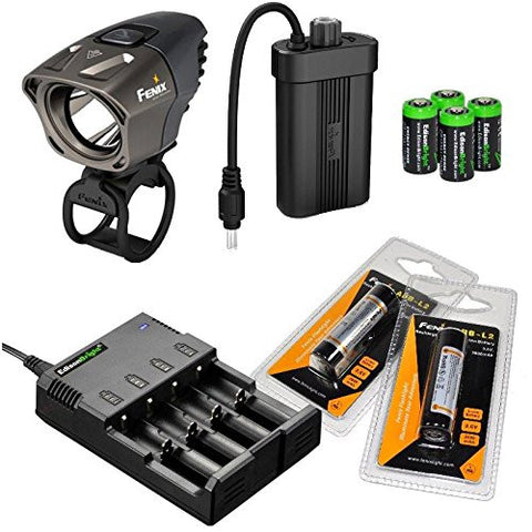 Fenix BT20 750 lumens Dual Distance Beam Cree LED 5 Mode Bike Bicycle Light with EdisonBright 4 bay Smart Battery Charger, 2 X Fenix ARB-L2 18650 rechargeable batteries and 4 X EdisonBright CR123 Batteries bundle