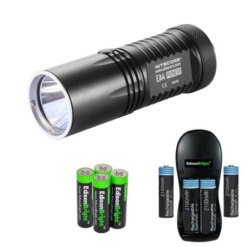 Nitecore EA4 860 Lumen CREE XM-L U2 LED compact flashlight/searchlight with Four rechargeable AA batteries, Charger & Four EdisonBright AA Alkaline batteries