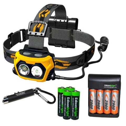 Fenix HP25 360 Lumen LED flood/spot combination light Headlamp with Four 2900mAh rechargeable Ni-MH AA batteries, Charger, EdisonBright 3-in-1 Keychain Laser Pointer, UV Light & LED Light, and Four EdisonBright AA Alkaline batteries