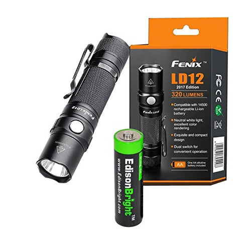 Fenix LD12 320 Lumen 2017 version LED Tactical Flashlight with EdisonBright AA alkaline battery