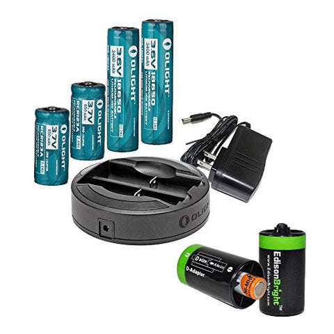 Olight Omni-Dok Universal Battery Charger, 2X Olight 3400mAh Protected 18650 Rechargeable Li-ion Battery, 2X Olight RCR123A rechargeable Li-ion battery with 2 X EdisonBright AA to D type battery spacer/converters