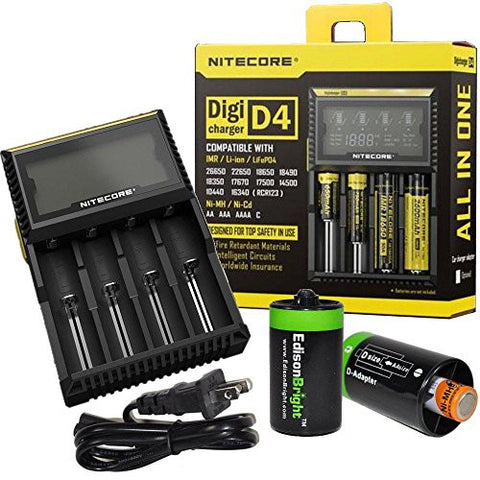 Nitecore D4 2015 smart Charger with LCD display For Li-ion, IMR, LiFePO4 26650 22650 18650 17670 18490 17500 18350 16340 RCR123 14500 10440 Ni-MH And Ni-Cd AA AAA AAAA C Rechargeable Batteries with 2 x EdisonBright AA to D type battery spacer/converters