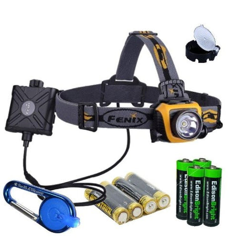 Fenix HP15 500 Lumen long throw LED Headlamp with diffuser, Smith & Wesson LED CaraBeamer Clip Light and Four EdisonBright AA Alkaline batteries