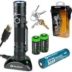 Olight S30R dock-rechargeable XM-L2 1000 Lumens LED Flashlight with True Utility TU247 KeyTool, type 18650 Li-ion battery, charging base with two EdisonBright CR123A Lithium back-up batteries bundle