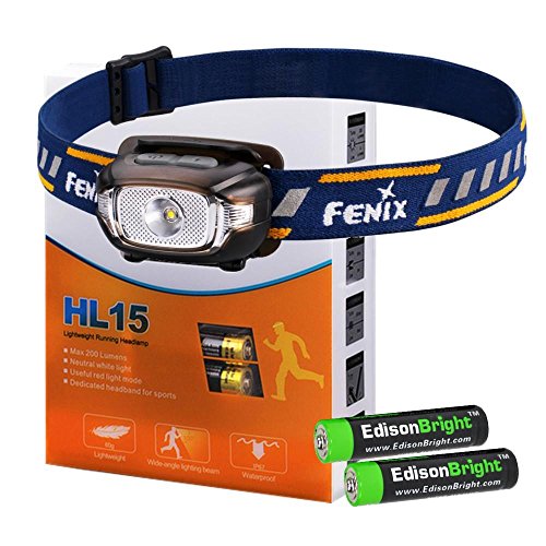 Fenix HL15 200 Lumen light weight CREE LED Headlamp (Black color body) with 2 X EdisonBright AAA alkaline battery bundle