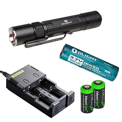 Olight M18 500 lumen LED Tactical Flashlight, Olight 18650 Li-ion rechargeable battery, Nitecore i2 smart charger with two EdisonBright CR123A Lithium Batteries