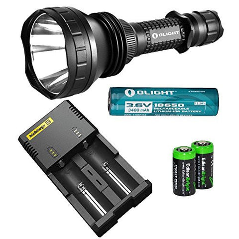 Olight M2X-UT Javelot 1020 Lumen CREE XM-L2 LED ultra long throw tactical flashlight, Nitecore i2 intelligent Charger, Olight 18650 3400mAh Li-ion rechargeable battery and Two EdisonBright CR123A Lithium Batteries bundle