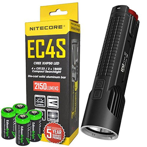NITECORE EC4S 2150 Lumen high intensity CREE LED tactical die-cast flashlight with 4X EdisonBright CR123A Lithium Batteries bundle