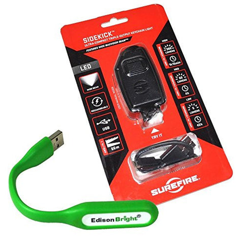 SureFire Sidekick 300-Lumen Ultra-Compact Triple-Output rechargeable Keychain Light, Black with EdisonBright USB reading light bundle