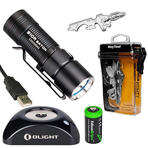 Olight S10R Baton rechargeable 400 Lumens CREE XM-L2 LED Flashlight EDC with True Utility TU247 KeyTool, RCR123 Li-ion battery, Charging Base and EdisonBright CR123A Lithium back-up Battery