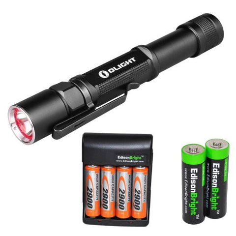 Olight ST25 500 Lumen Cree XM-L2 LED tactical Flashlight with two NiMH rechargeable AA Batteries, Charger & Two EdisonBright AA Alkaline batteries