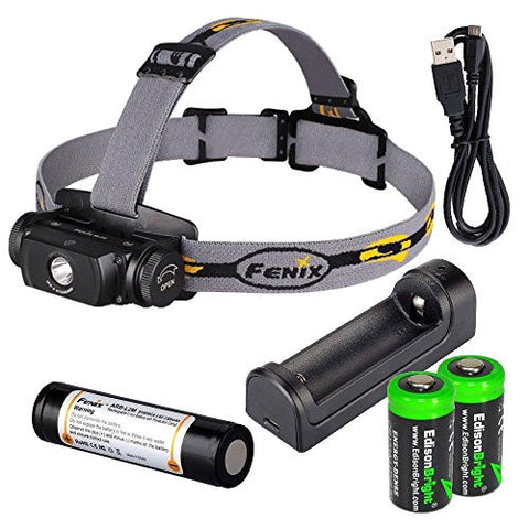 Fenix HL55 900 Lumen CREE LED Headlamp with Fenix ARE-X1 battery charger, Fenix 18650 ARB-L2M rechargeable battery and two EdisonBright CR123A Lithium batteries
