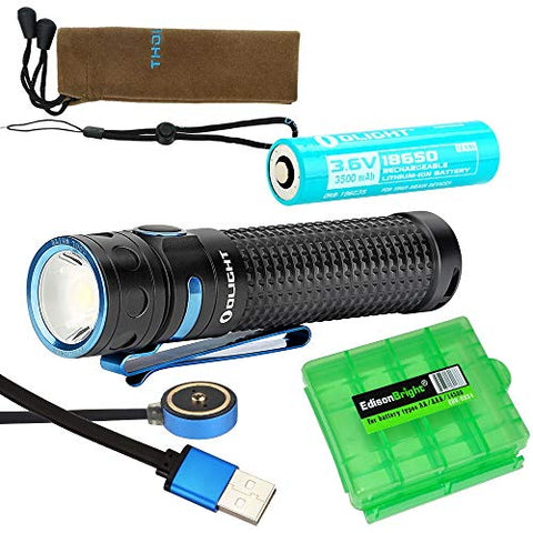 Olight Baton Pro 2000 lumen pocket EDC LED flashlight, rechargeable battery with EdisonBright charging cable carry case bundle