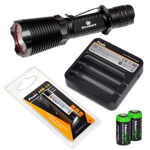 Olight M22 Warrior 950 Lumen CREE XM-L2 LED tactical flashlight with Fenix ARB-L2 18650 rechargeable battery, Fenix ARE-C1 home/in-car Battery charger, and Two EdisonBright CR123A Lithium Batteries bundle