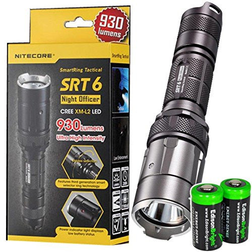 Nitecore SRT6 Night Officer (Gray) 930 Lumens XM-L2 T6 LED Variable brightness Flashlight/searchlight with two EdisonBright CR123A Batteries