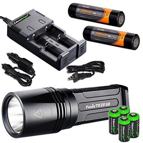 FENIX TK35 Ultimate Edition 2000 Lumen 2015 version LED Tactical Flashlight with 2 x Fenix ARB-L2P Li-ion rechargeable batteries, 4 X EdisonBright CR123A Lithium batteries, smart battery charger, in-car Charger adapter, Holster & Lanyard bundle