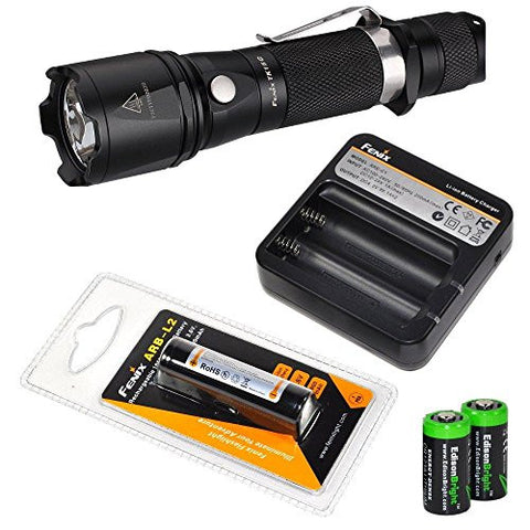 Fenix TK15C 450 Lumen Multi-Color LED (White/Red/Green) Tactical Flashlight with Fenix ARB-L2 18650 rechargeable battery, Fenix ARE-C1 Battery charger, and Two EdisonBright CR123A Lithium Batteries bundle