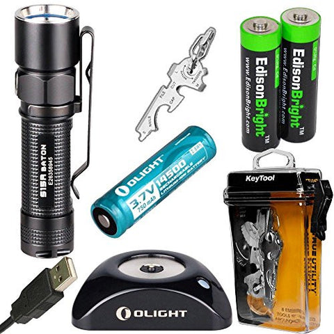 Olight S15R Baton rechargeable XM-L 280 Lumens LED Flashlight EDC with True Utility TU247 KeyTool, type 14500 Li-ion battery, charging base and two EdisonBright AA alkaline back-up Batteries