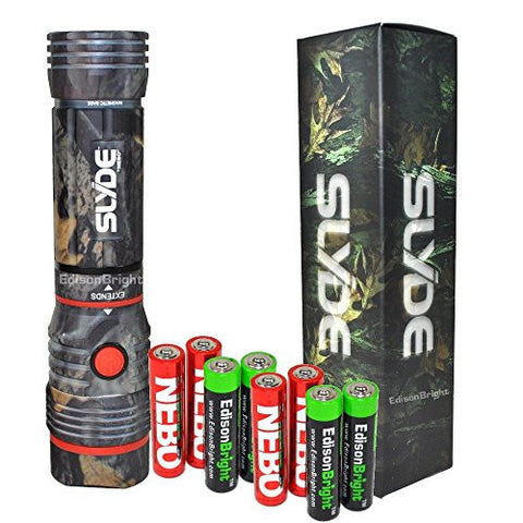 Nebo Slyde (CAMO) 250 Lumen LED flashlight/Worklight 6383 with 4 X EdisonBright AAA alkaline batteries. Dual light sources. Magnetic Base